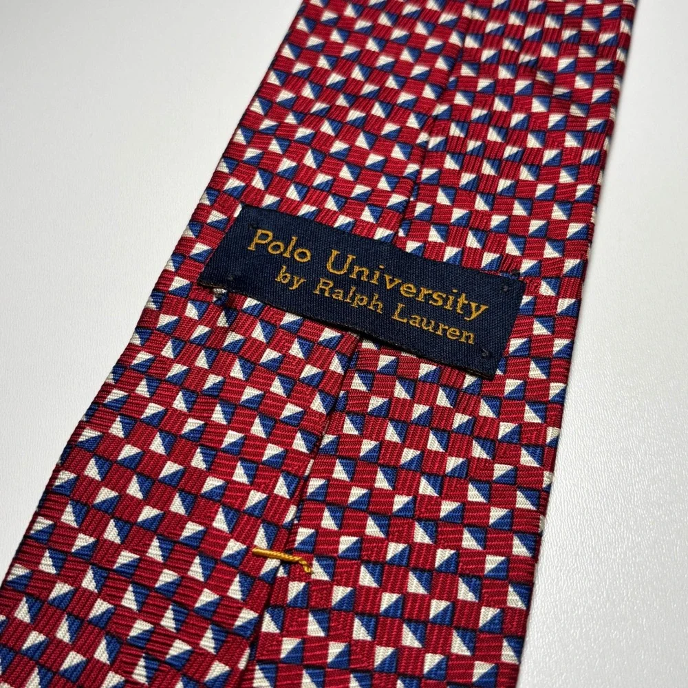 Ralph Lauren Polo University Silk Necktie Red Geometric made in USA Tie‎